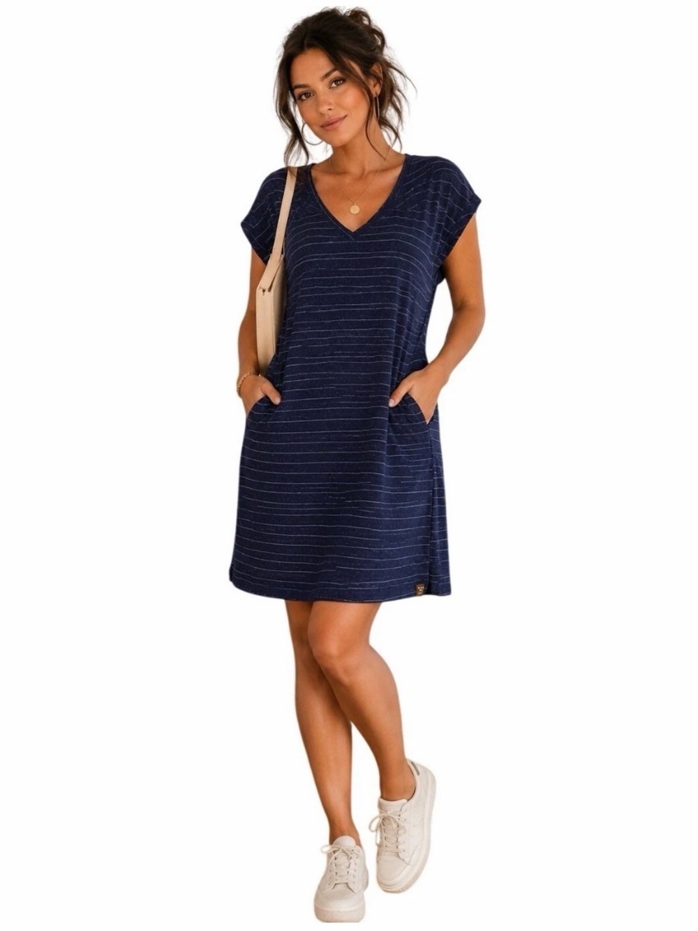 Title Nine T-Shirt Dress V-Neck Stretch Pockets Activewear Golf Blue Medium